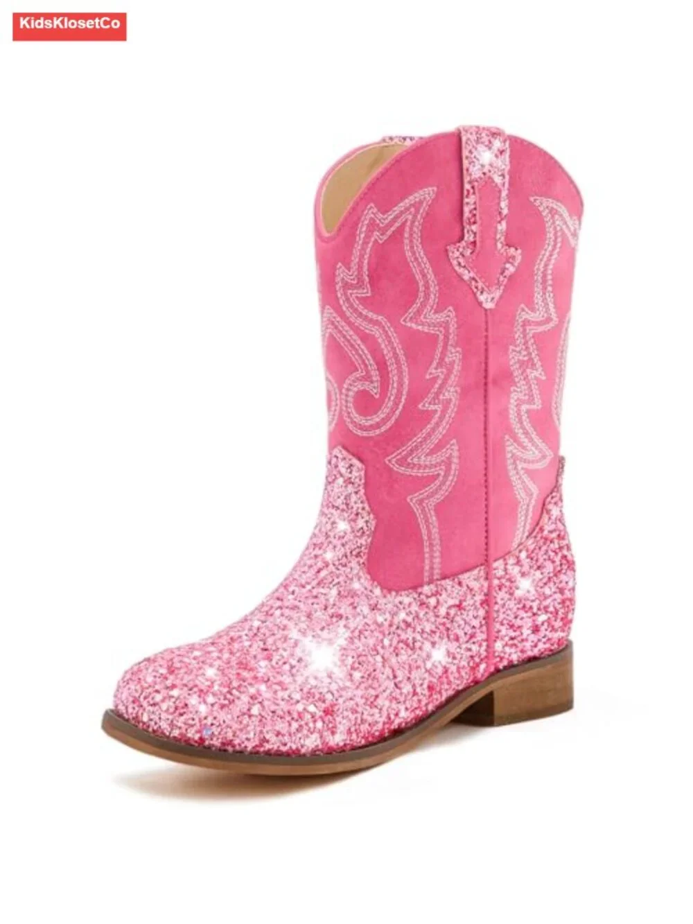 Girls Glitter Cowboy Boots Square Toe Pull-On Mid Calf Western Riding